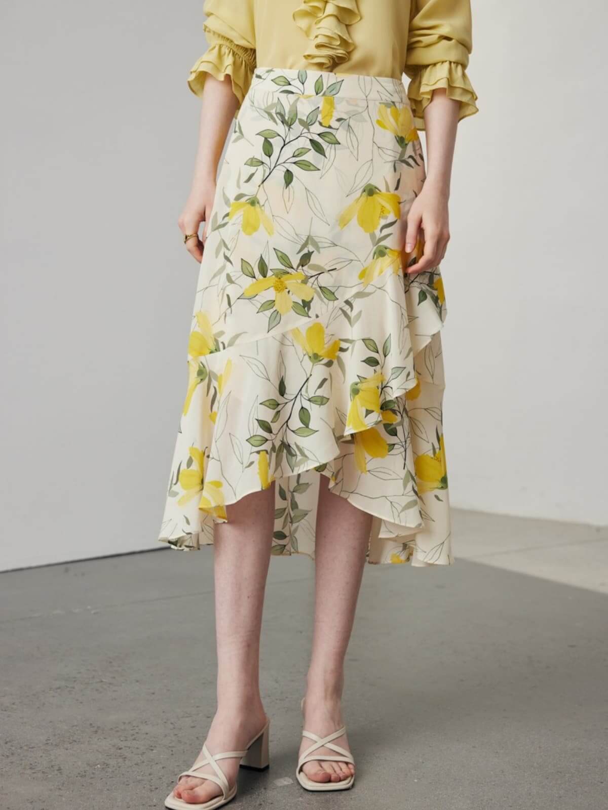 Floral Ruffled Midi Silk Skirt