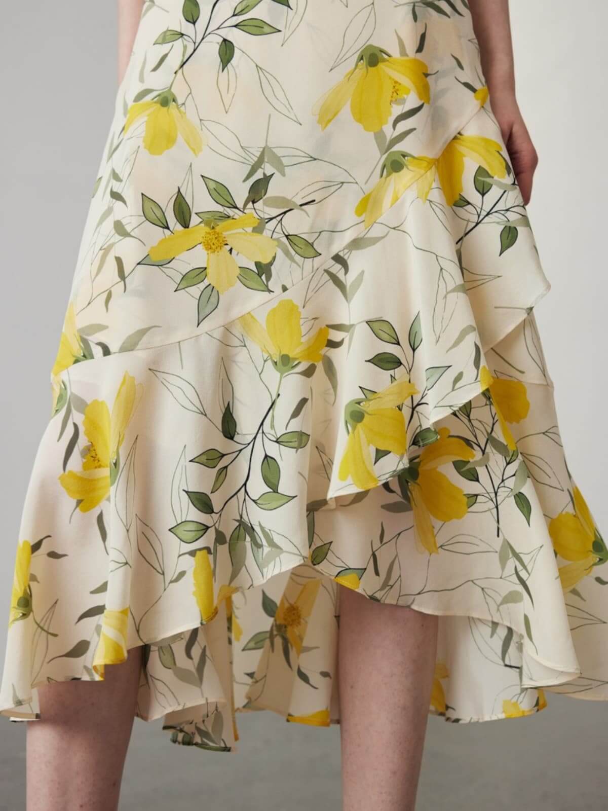 Floral Ruffled Midi Silk Skirt
