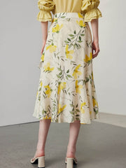 Floral Ruffled Midi Silk Skirt
