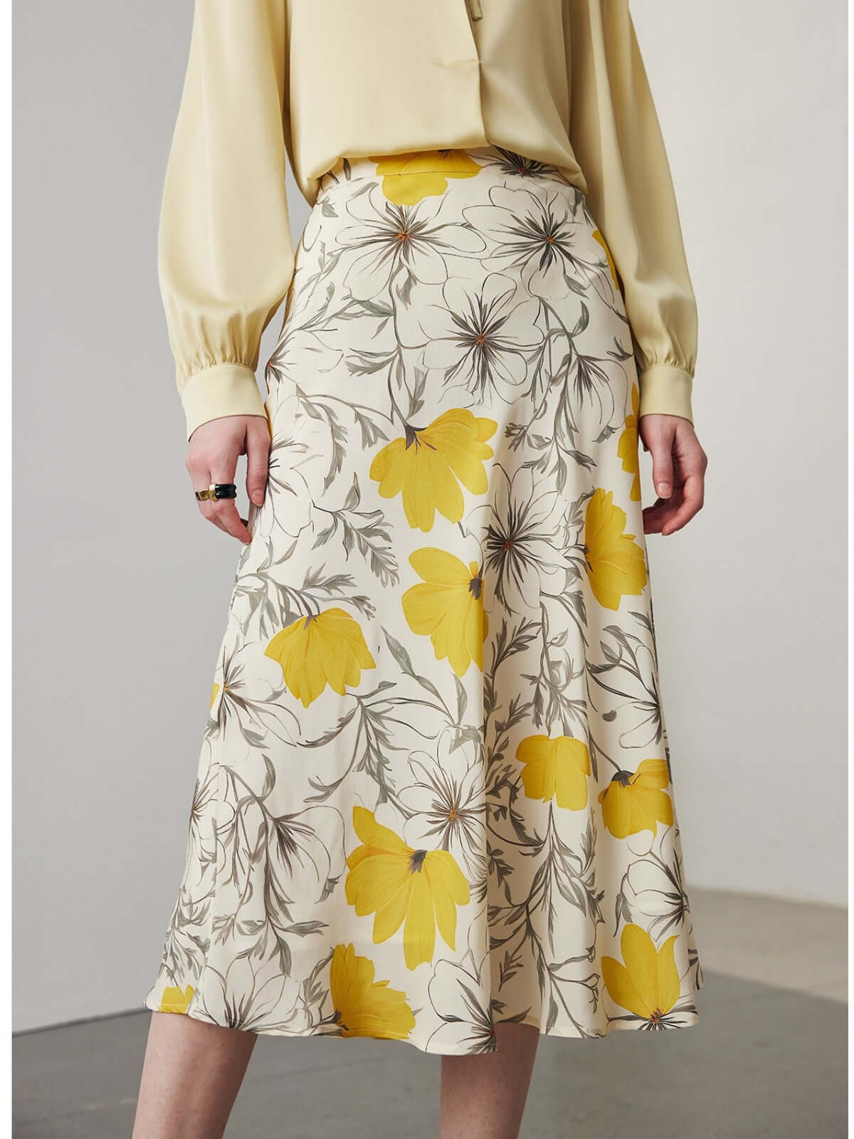 Front view of Summer A - line Floral Silk Skirt