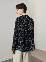 Back view of Chic Rabbit Pattern Silk Blouse in black