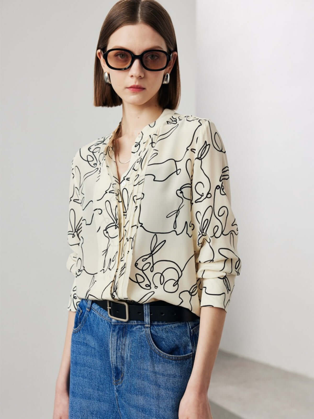 Front view of Chic Rabbit Pattern Silk Blouse