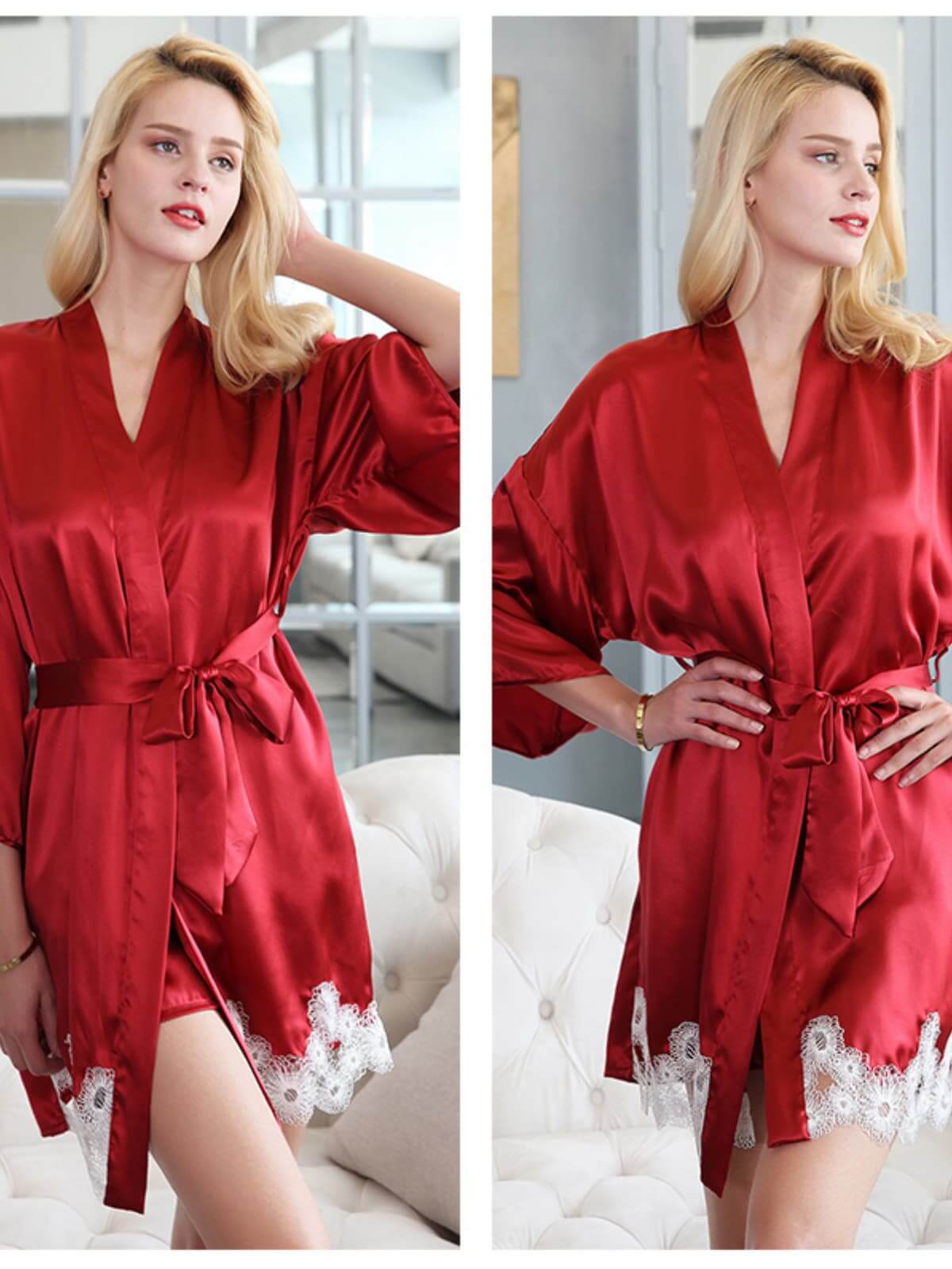 Strap Lace Silk Pajamas Nightgown Three - piece Set
