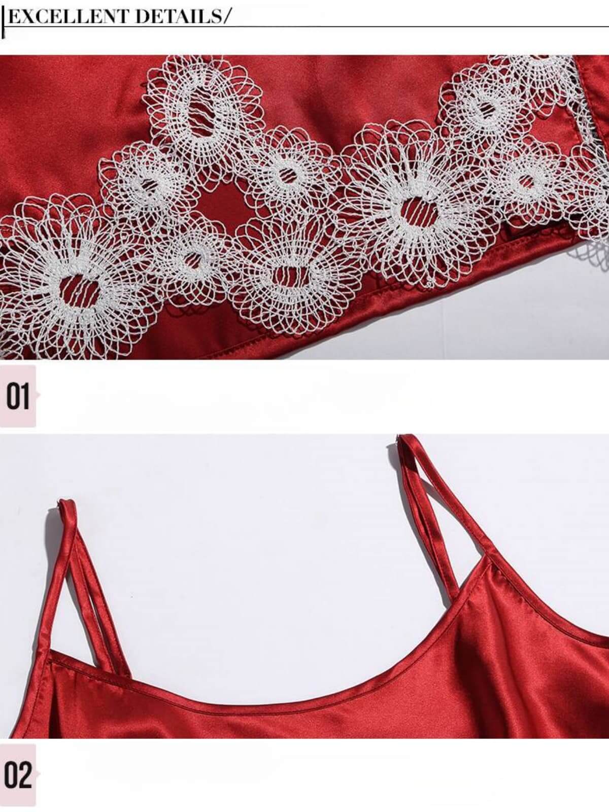 The strap detail of Strap Lace Silk Pajamas Nightgown Three - piece Set