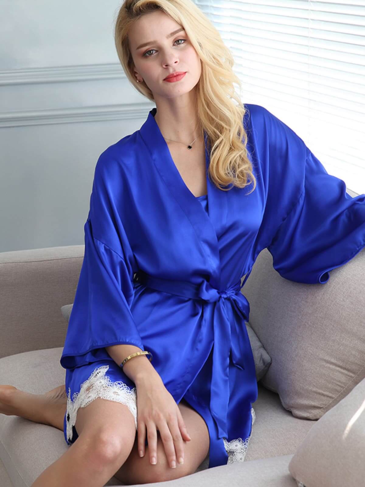 Strap Lace Silk Pajamas Nightgown Three - piece Set