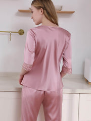 Back view of Women's Short - Sleeved Silk Pajamas Set in pink