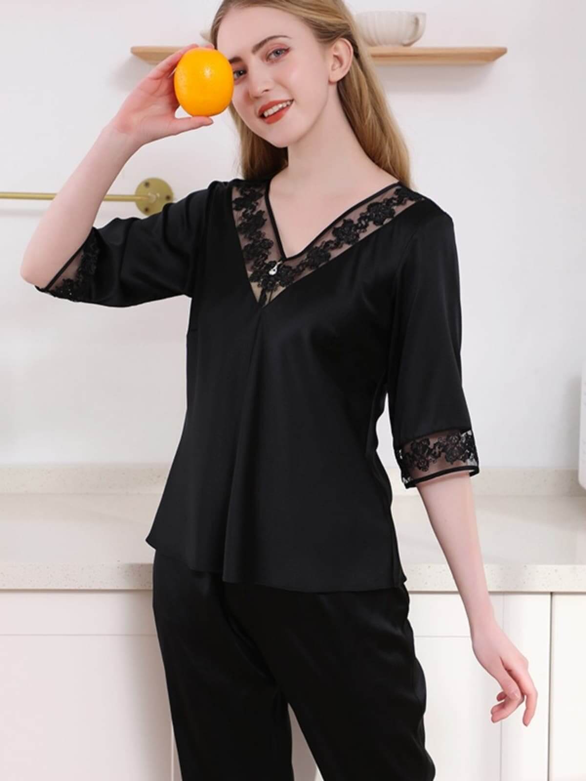 Front view of Women's Short - Sleeved Silk Pajamas Set in black