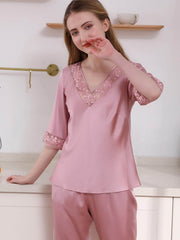 Front view of Women's Short - Sleeved Silk Pajamas Set in pink