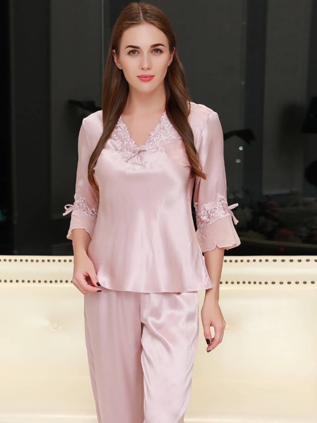 Front of Women's Lace Silk Pajama Set - Luxurious & Comfortable Nightwear in pink