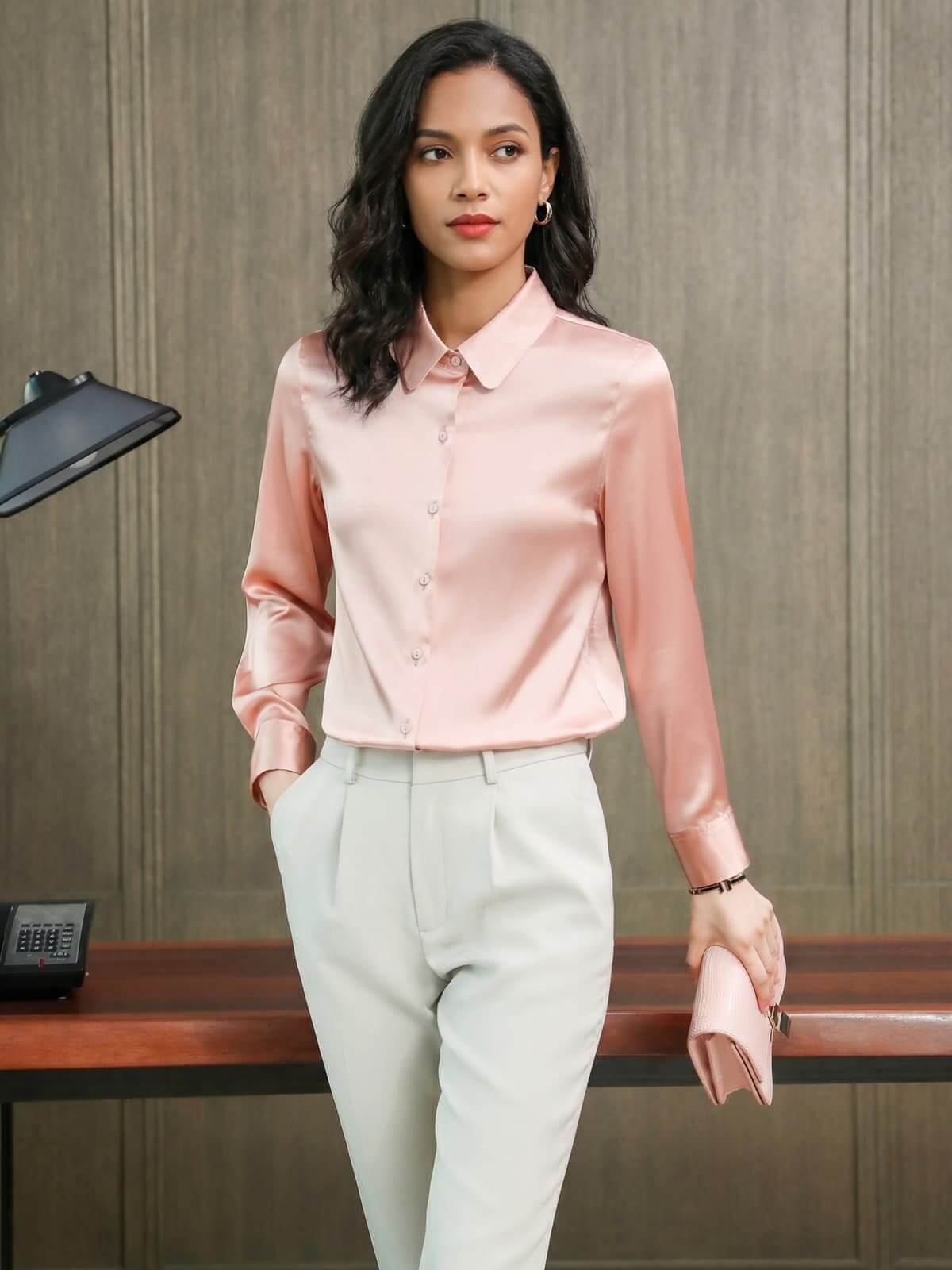 Refined Solid - Color Silk Blouse-in pink-front-SILKSER