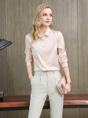 Chic Striped Turn - Down Collar Silk Blouse-front-SILKSER