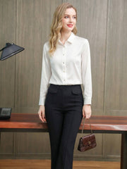 Chic Striped Turn - Down Collar Silk Blouse-white color-SILKSER