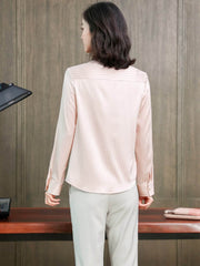 Chic Striped Turn - Down Collar Silk Blouse-back-SILKSER
