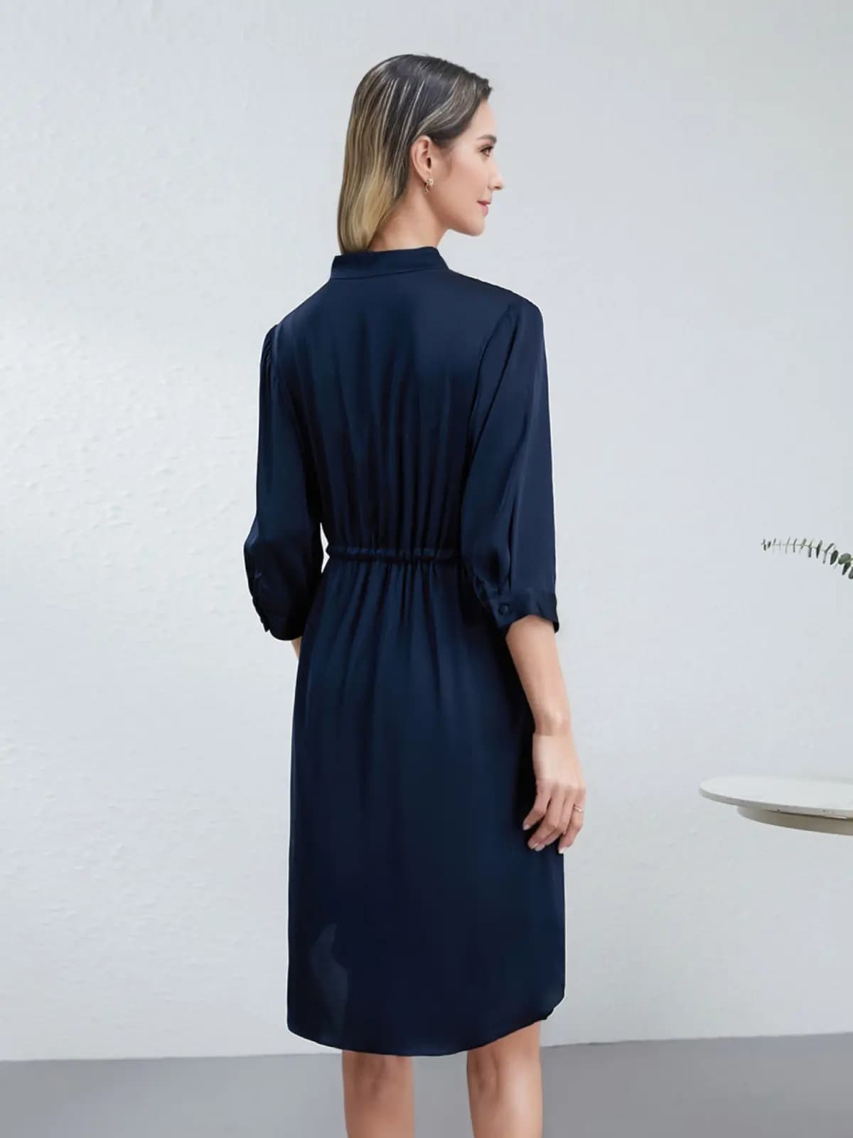 Back view of French Chic V - Neck Mulberry Silk Dress