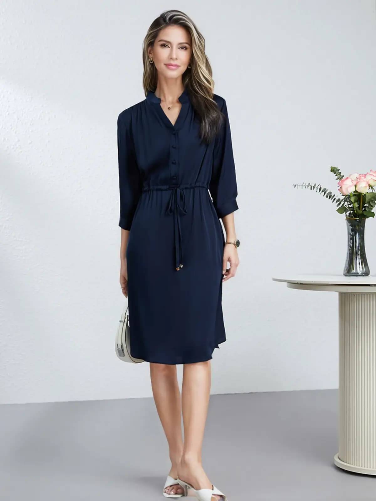 Model wearing French Chic V - Neck Mulberry Silk Dress in office