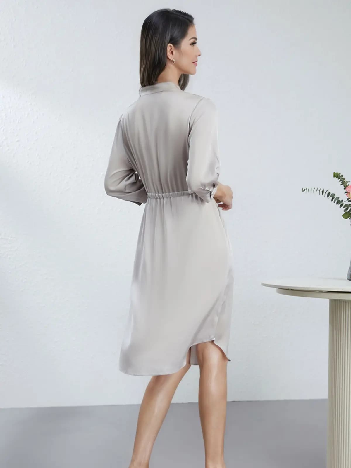 Back view of French Chic V - Neck Mulberry Silk Dress