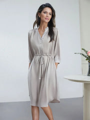 Model wearing French Chic V - Neck Mulberry Silk Dress in gray color