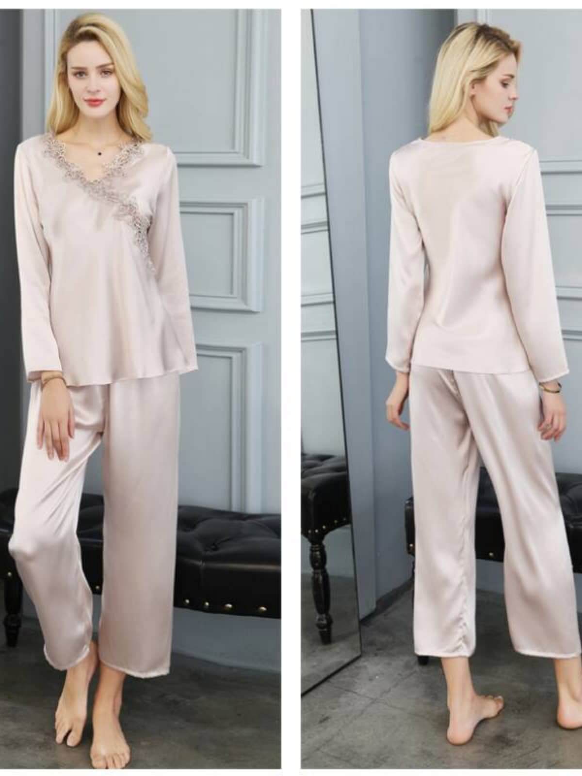 Profile of Embroidered Long - Sleeved Silk PJs for Women at home