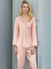 Front view of Embroidered Long - Sleeved Silk PJs for Women