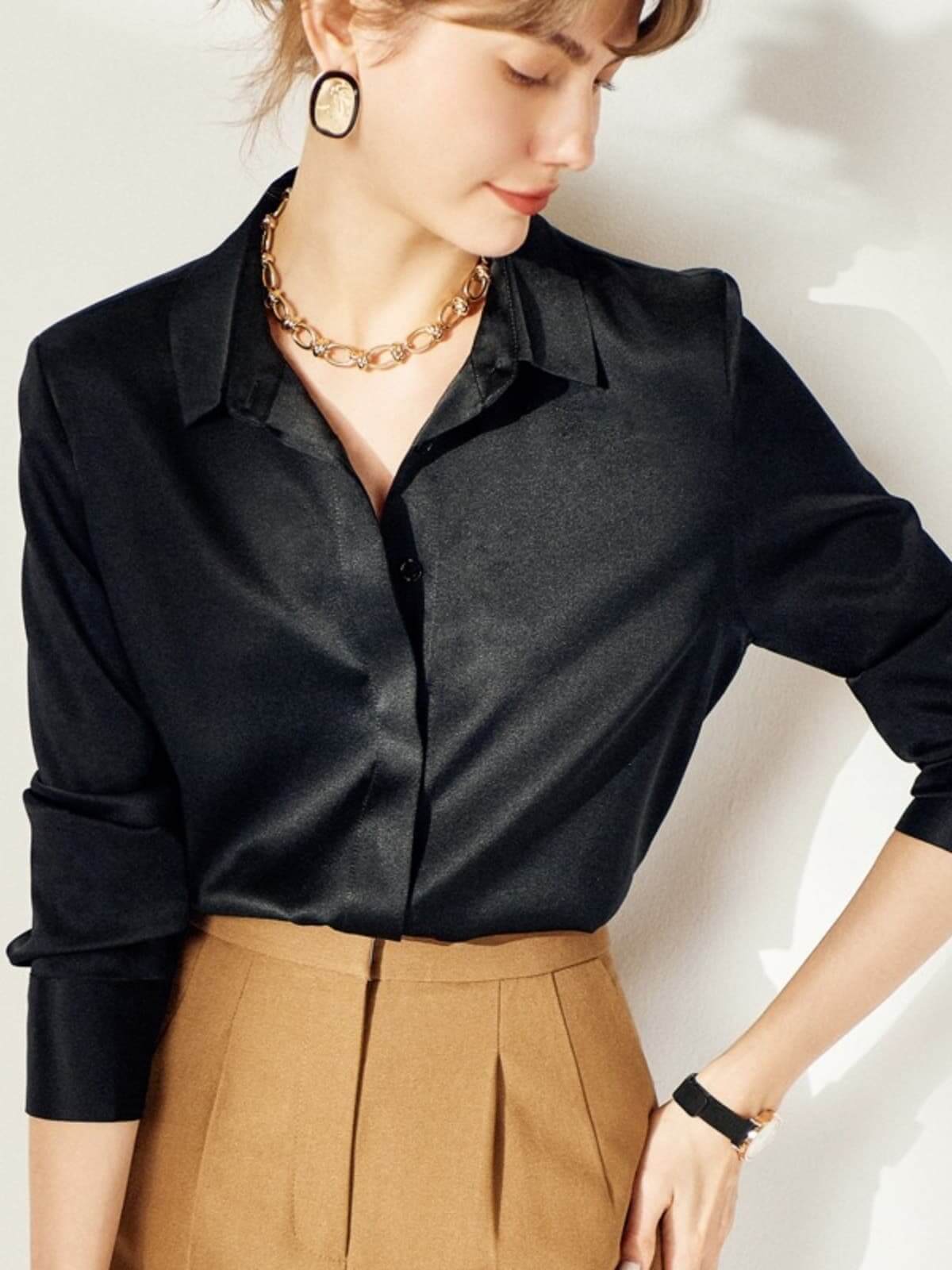 Trendy Women's Mulberry Silk Blouse in black color