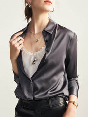 Trendy Women's Mulberry Silk Blouse in gray color