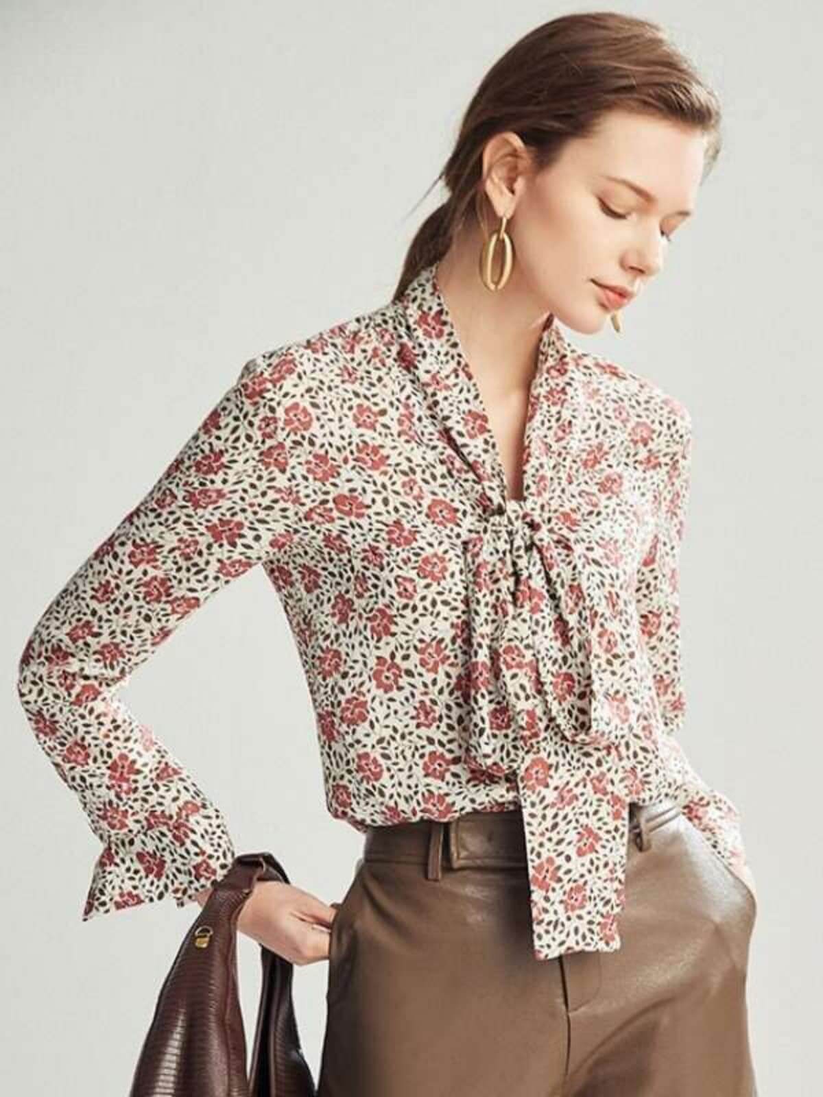 Model wearing Floral Silk Blouse with Bowknot
