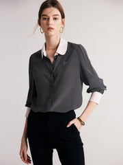 Model wearing Polka Dots Women's Silk Blouse