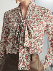 Front view of Floral Silk Blouse with Bowknot