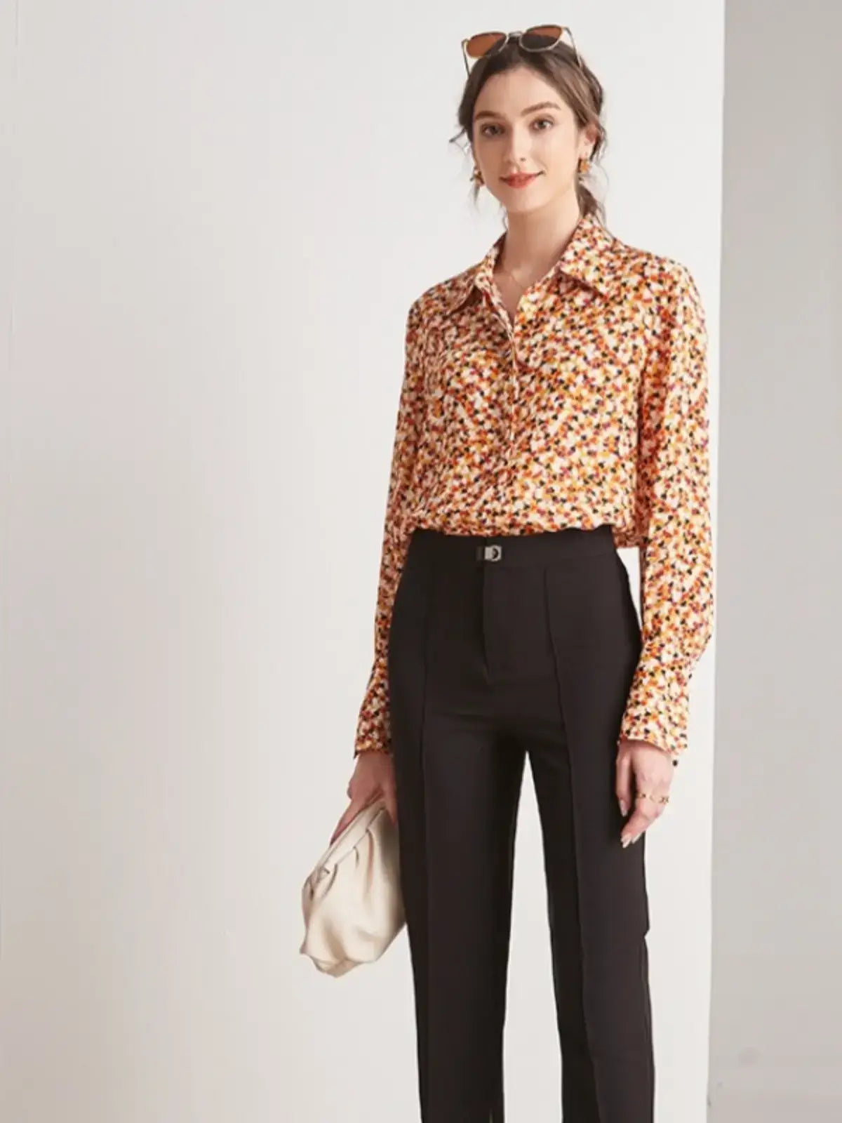 Profile of Heart Printed Pure Silk Blouse paired with pants or jeans