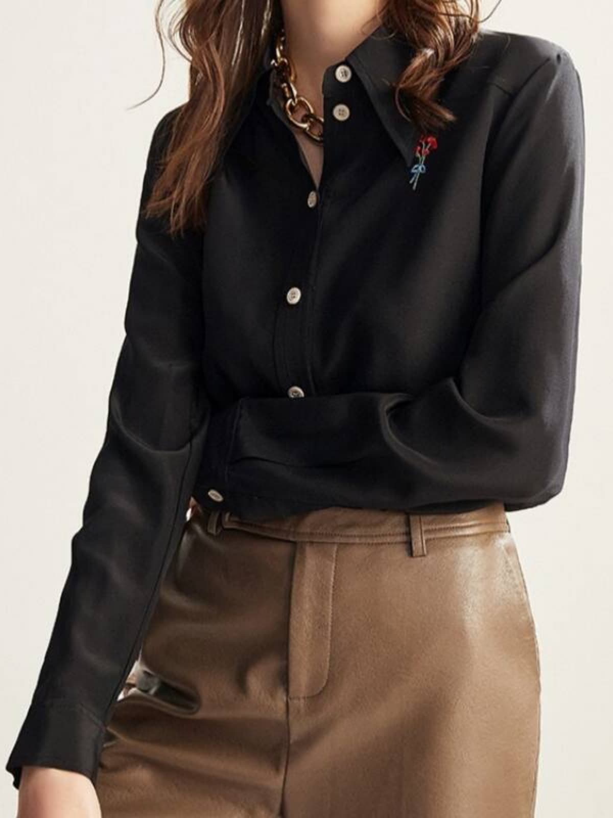 Profile of Embroidered Silk Blouse in black for your comfort and elegance