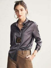 Profile of Trendy Women's Mulberry Silk Blouse Gray