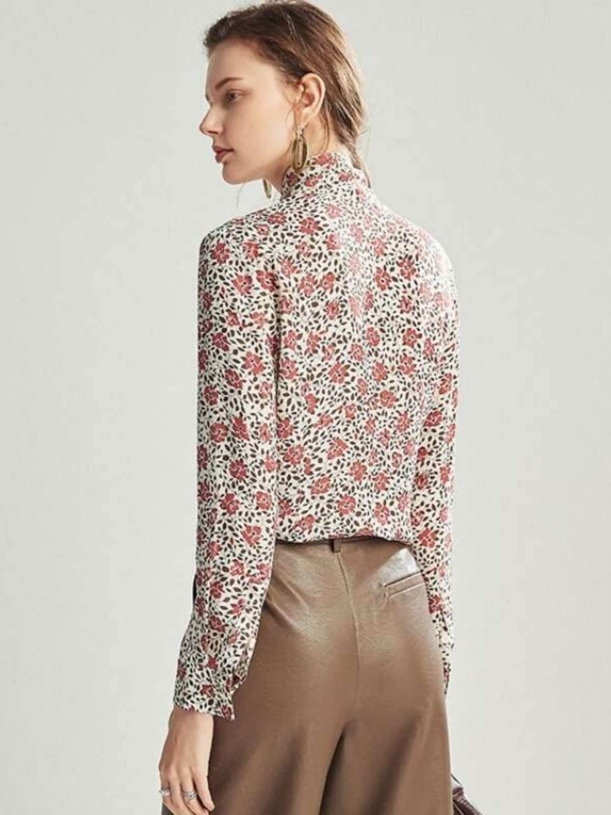Back view of Floral Silk Blouse with Bowknot