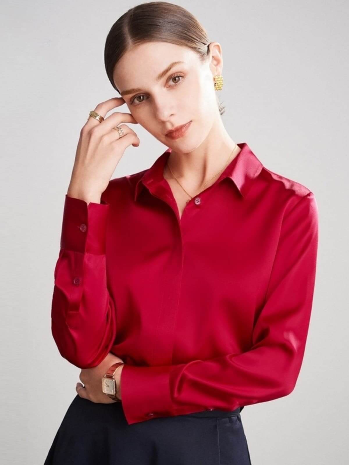 Trendy Women's Mulberry Silk Blouse in Red color