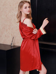 Side profile of Women's Strap Silk Nightgown & Robe Two - piece Set