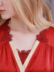 Neckline of Women's Strap Silk Nightgown & Robe Two - piece Set