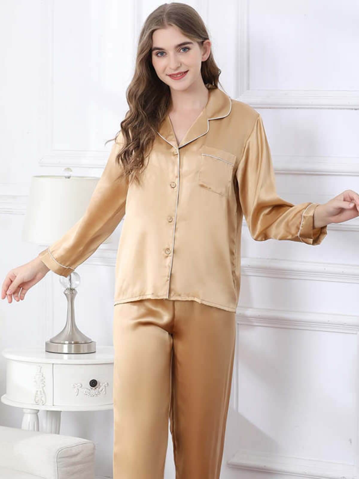 Model wearing Long - Sleeved Pure Silk Pajama Set for Women at home