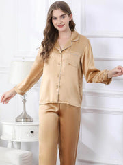 Model wearing Long - Sleeved Pure Silk Pajama Set for Women at home