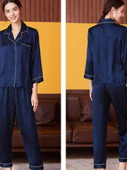 Profile of Long - Sleeved Pure Silk Pajama Set for Women in navy blue