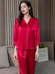 Women's Soft Long - sleeved Pure Silk Pajamas Set in red