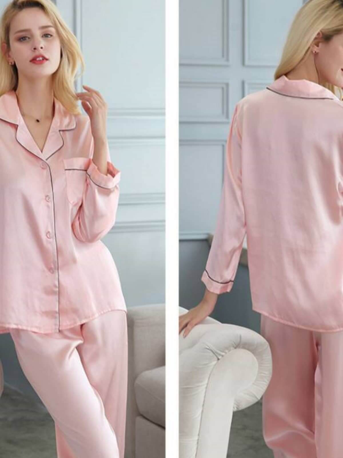 Profile of Long - Sleeved Pure Silk Pajama Set for Women in pink