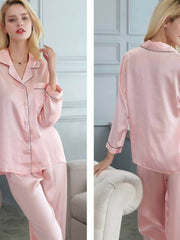 Profile of Long - Sleeved Pure Silk Pajama Set for Women in pink