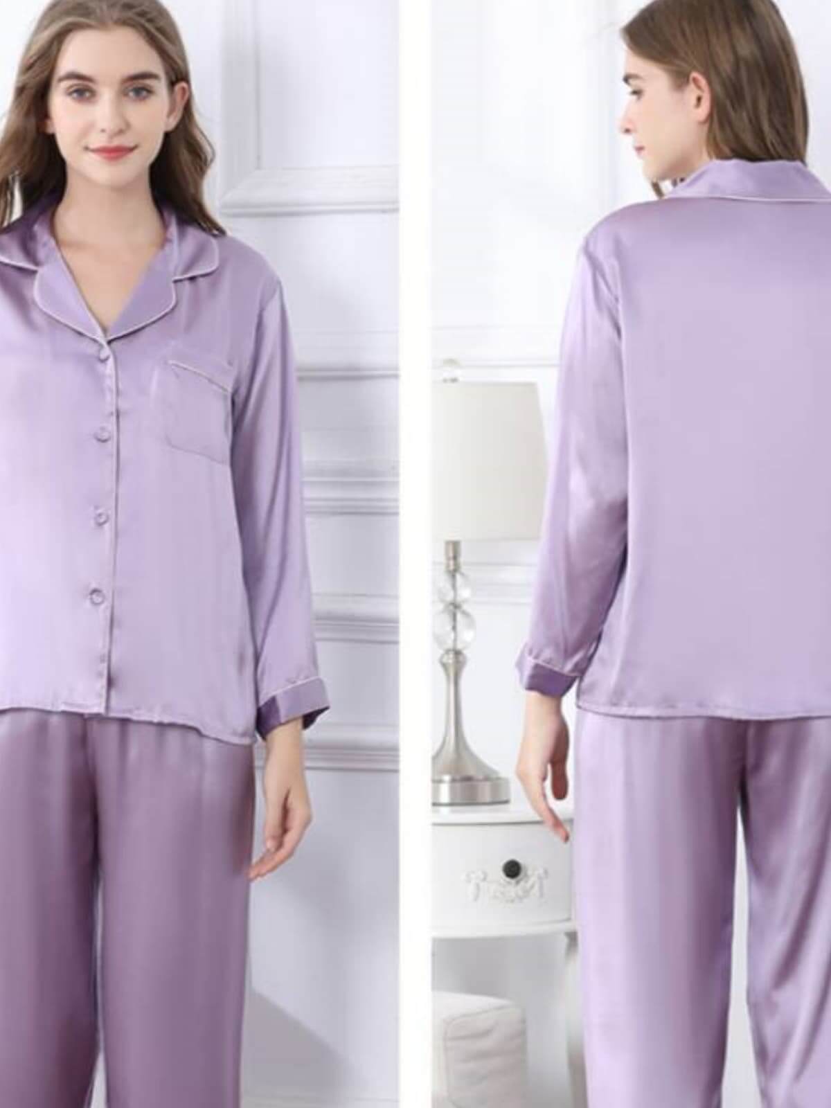 Profile of Long - Sleeved Pure Silk Pajama Set for Women in purple