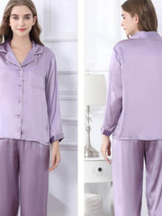 Profile of Long - Sleeved Pure Silk Pajama Set for Women in purple
