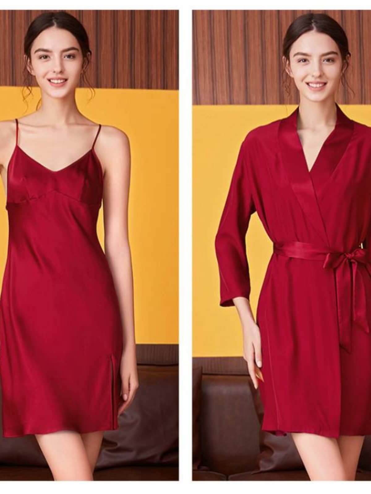 Profile of pure silk nightgown robe 2 - piece set in red