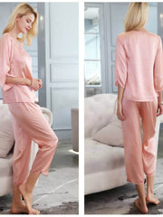 Profile of Lace Womens Silk Pajama Set 3/4 Sleeve in pink color