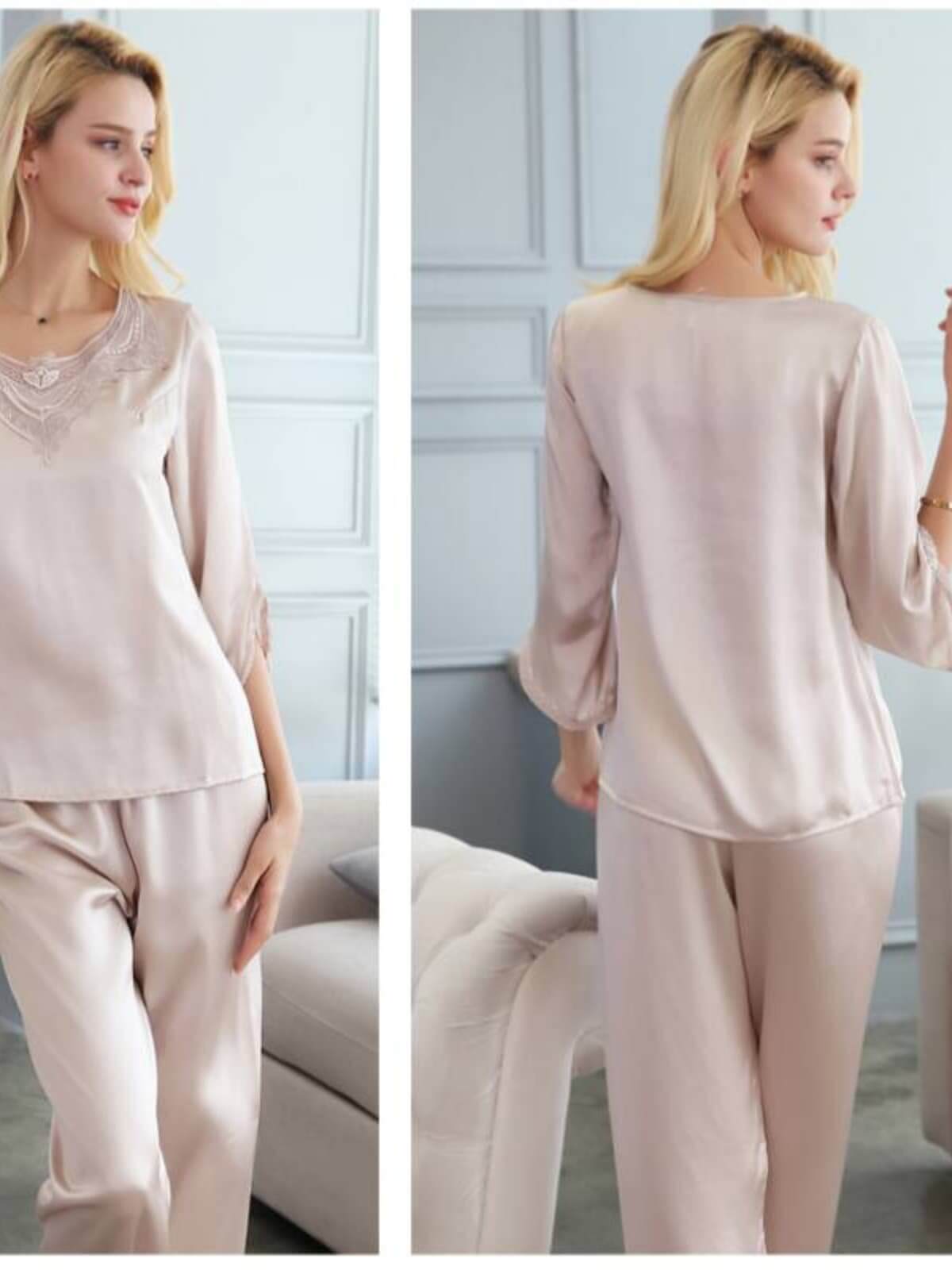 Profile of Lace Womens Silk Pajama Set 3/4 Sleeve in pearl