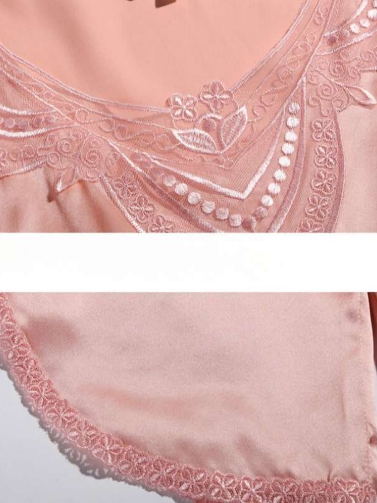 Close-up of Lace Womens Silk Pajama Set 3/4 Sleeve