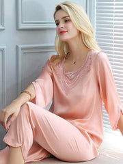 Model wearing Lace Womens Silk Pajama Set 3/4 Sleeve at home
