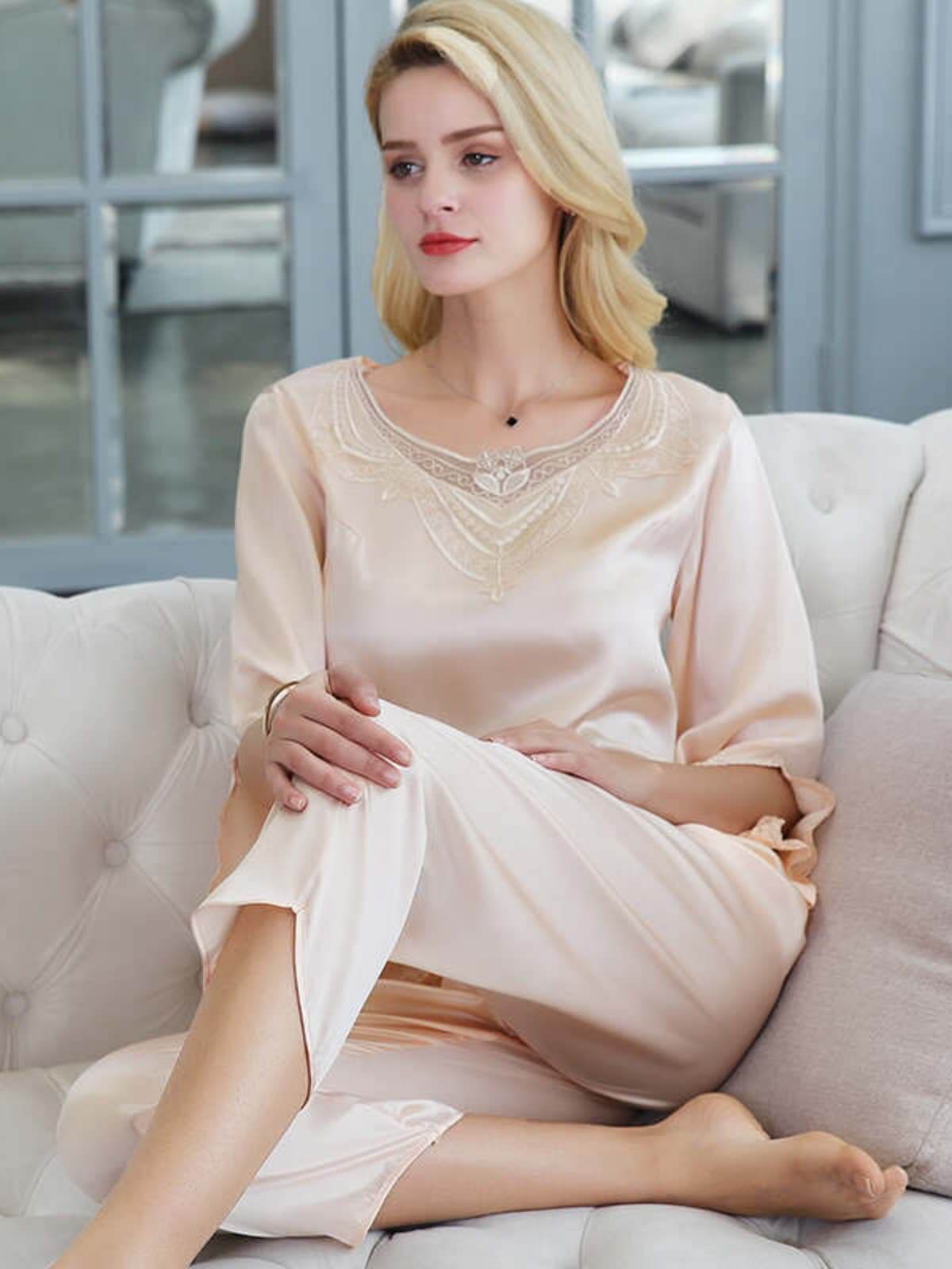 Model wearing Lace Womens Silk Pajama Set 3/4 Sleeve comfortably
