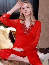Profile of Lace Silk Pajama Set for Women in red